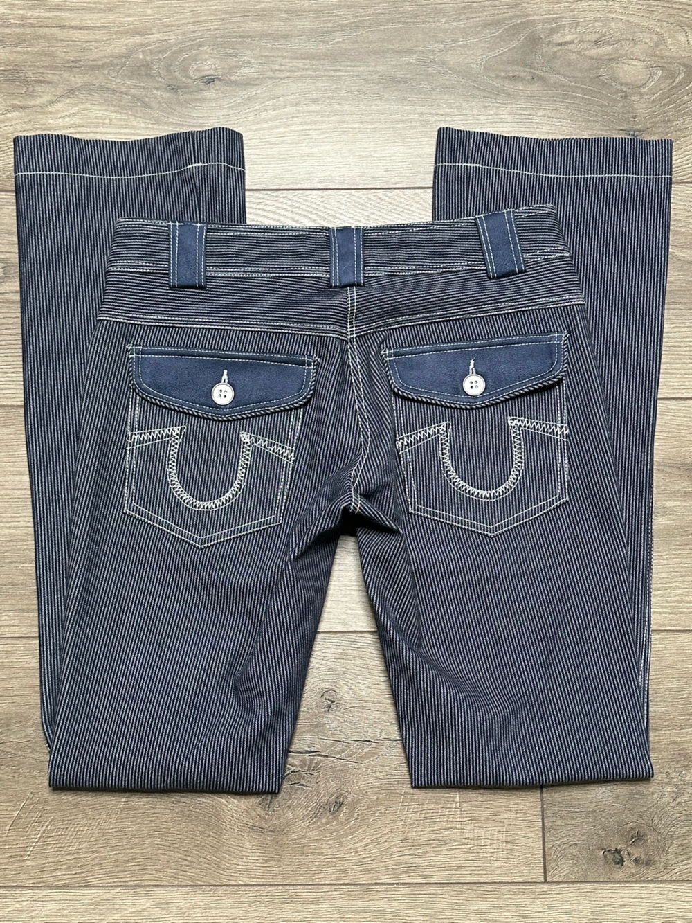Goode Rider 31” Equestrian Bootcut Flare Riding Blue Pinstripe Stretch Jeans 4